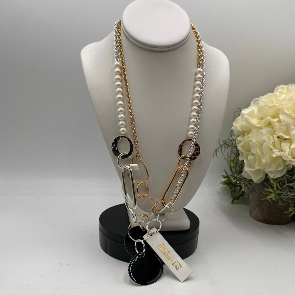 Diane von Furstenberg Mixed Metal Faux Pearl Statement Long‎ Ring Black Necklace
